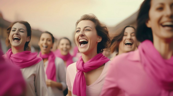 Image of Women in pink scarves celebrating with joy which is indicative of Women's day celebrations at IIMB which promotes Diversity & Inclusion