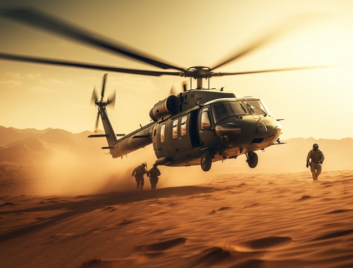 Image of a military helicopter on a desert 